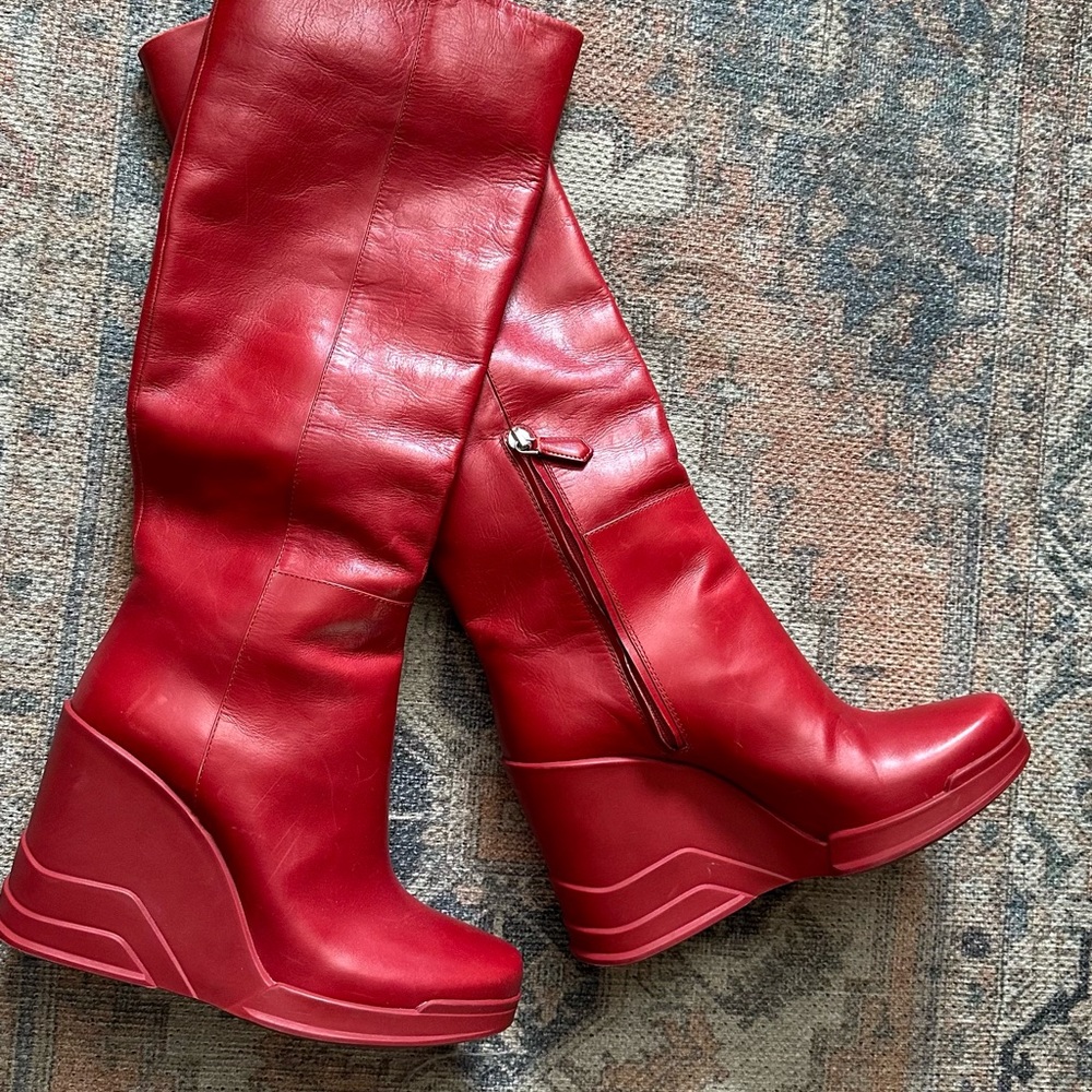 2014 Prada Vitello Leather Rubber-Wedge Knee Boot, Scarlatto
